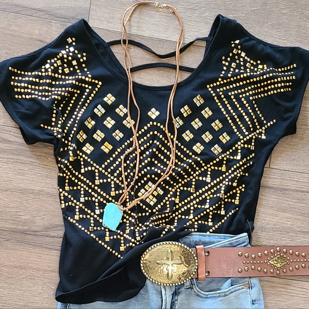 ALMOST FAMOUS studded top - Gold Accents, open shoulder- size S